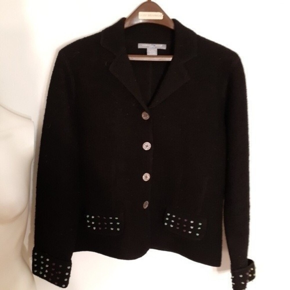 carol reed black wool cardigan sweater p m blazer jacket classic quiet luxury